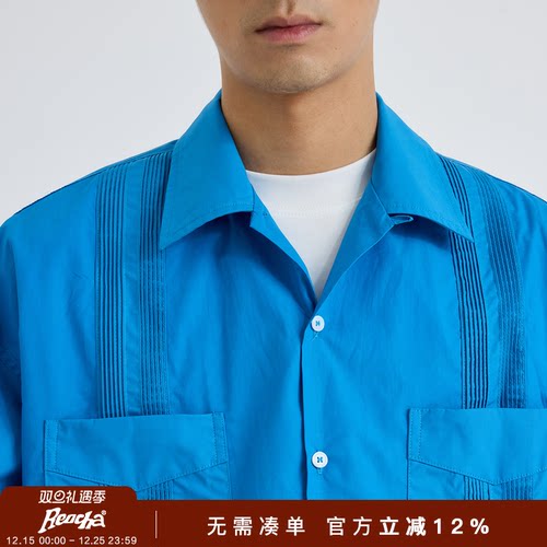 REOCHA热呈古巴领简约休闲复古精梳棉纯色压褶长袖蓝色衬衫男女