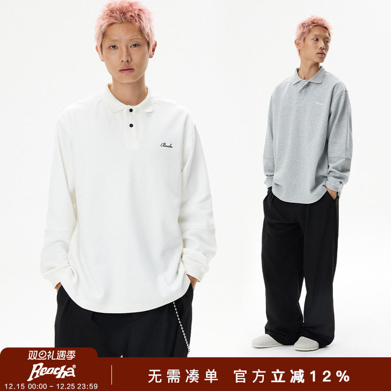 REOCHA热呈logo刺绣长袖T恤男头翻领潮牌国潮复古宽松美式POLO衫
