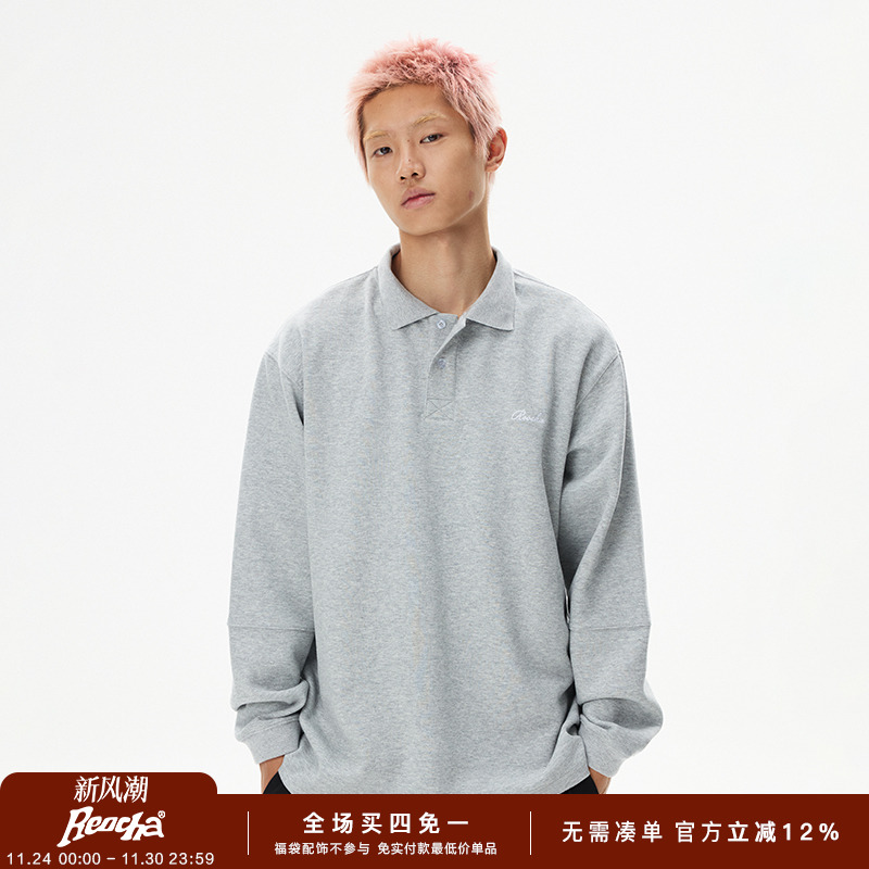 REOCHA热呈logo刺绣长袖T恤男头翻领潮牌国潮复古宽松美式POLO衫