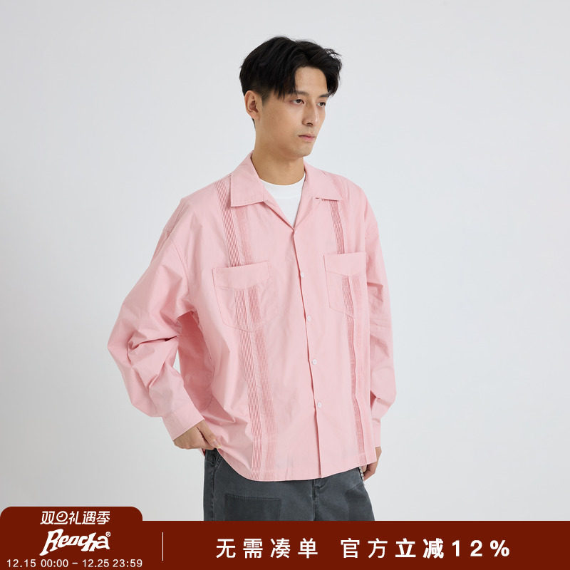 REOCHA热呈「古巴领」简约休闲复古纯色压褶长袖粉色衬衫男女