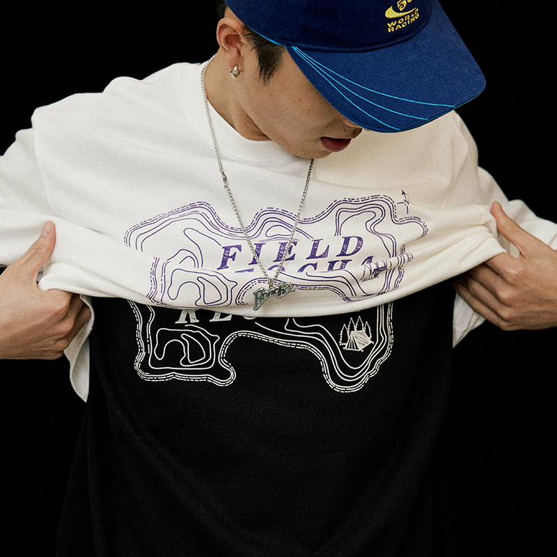 手绘地图短袖纯色国潮情侣