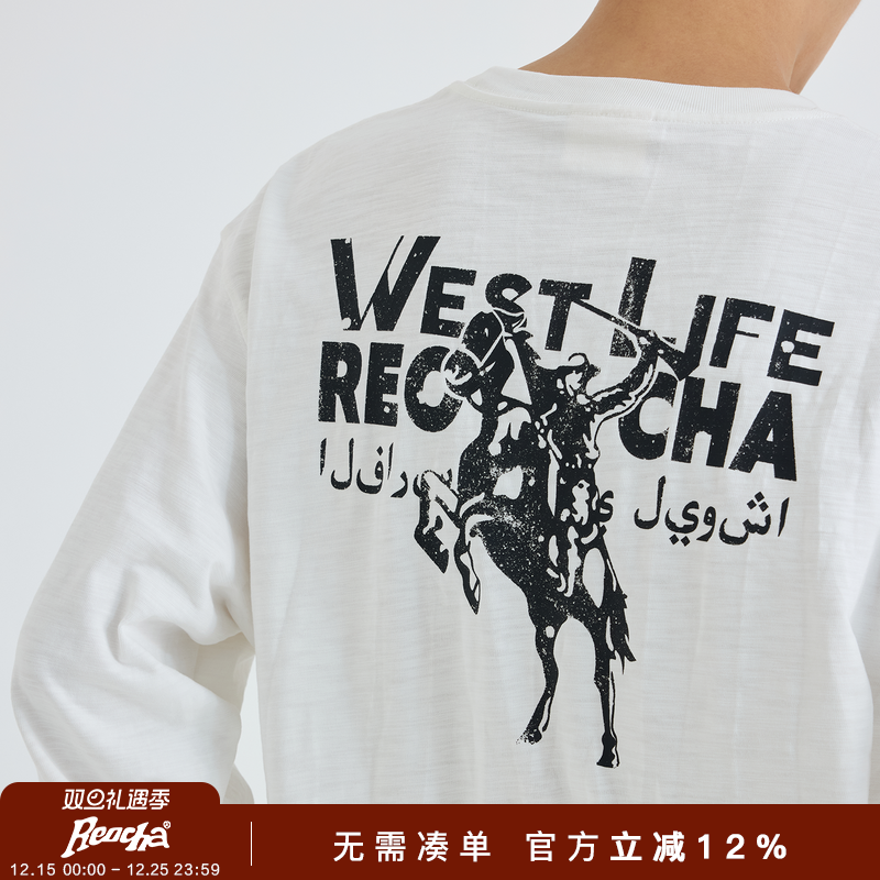 REOCHA热呈25秋冬新款牛仔印花圆领国潮牌情侣vintage长袖T恤男女