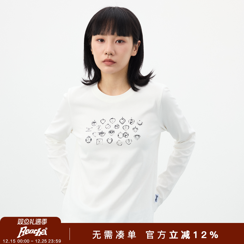 REOCHA热呈25修身简约日常通勤百搭吊坠印花打底长袖T恤打底女