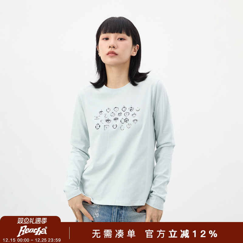 REOCHA热呈25修身简约日常通勤百搭吊坠印花打底长袖T恤打底女