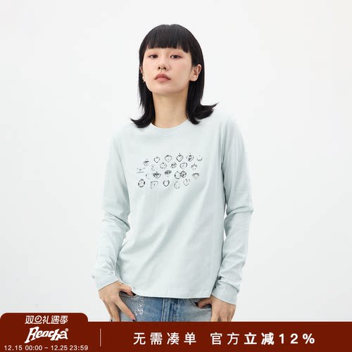 REOCHA热呈25修身简约日常通勤百搭吊坠印花打底长袖T恤打底女