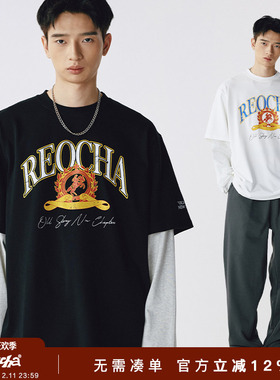 REOCHA热呈春秋纯棉275g破损印花做旧复古国潮假两件长袖T恤男