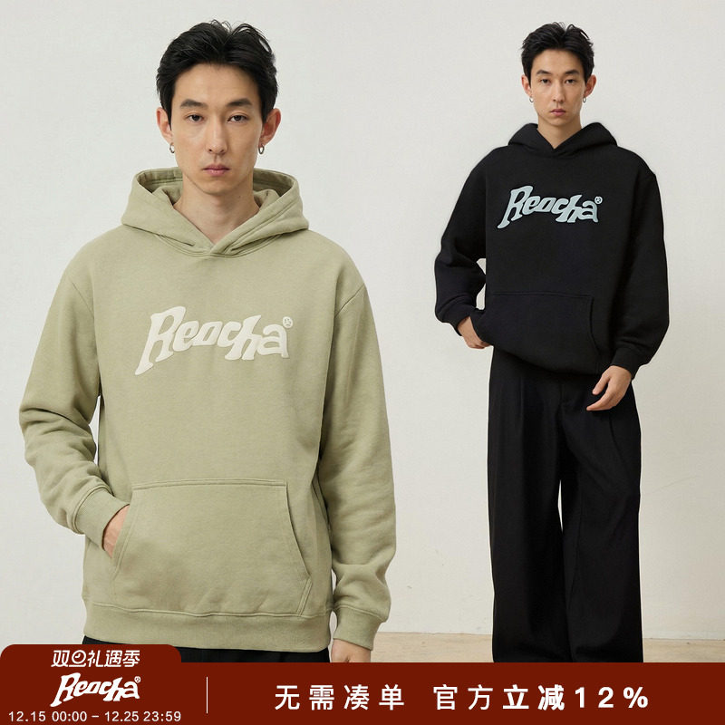 REOCHA热呈立体秋冬国潮潮牌logo印花重磅情侣连帽卫衣套头衫男