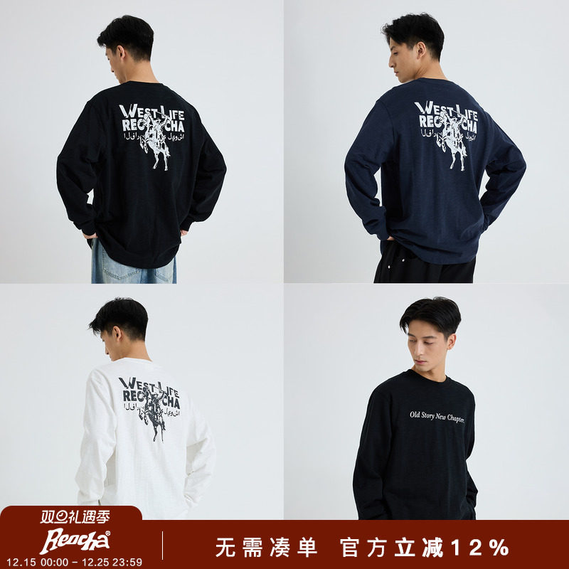 REOCHA热呈25秋冬新款牛仔印花圆领国潮牌情侣vintage长袖T恤男女