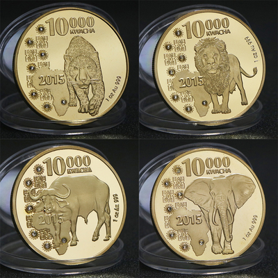 4枚非洲赞比亚纪念币镶钻水牛金币 野生动物大象狮子纪念币外硬币