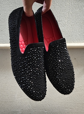 发型师韩版套脚小皮鞋个性潮流水钻豆豆鞋一脚蹬英伦烫钻男乐福鞋