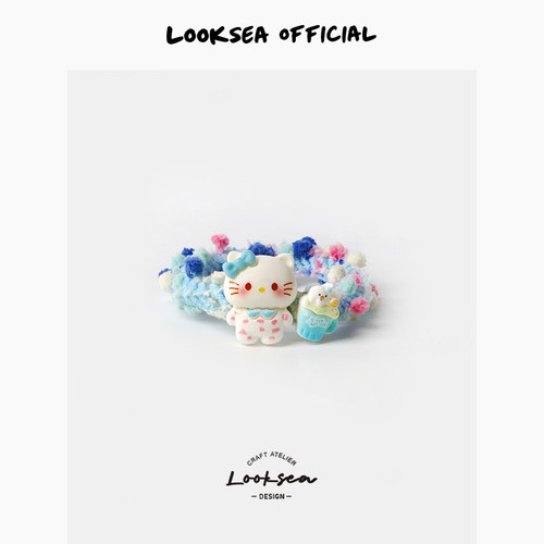 Looksea official可爱彩色kt猫卡通发圈少女简约编织皮筋学生头绳
