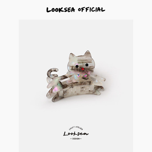 Looksea official韩系镶钻猫咪抓夹醋酸纹理半扎后脑勺鲨鱼夹发饰