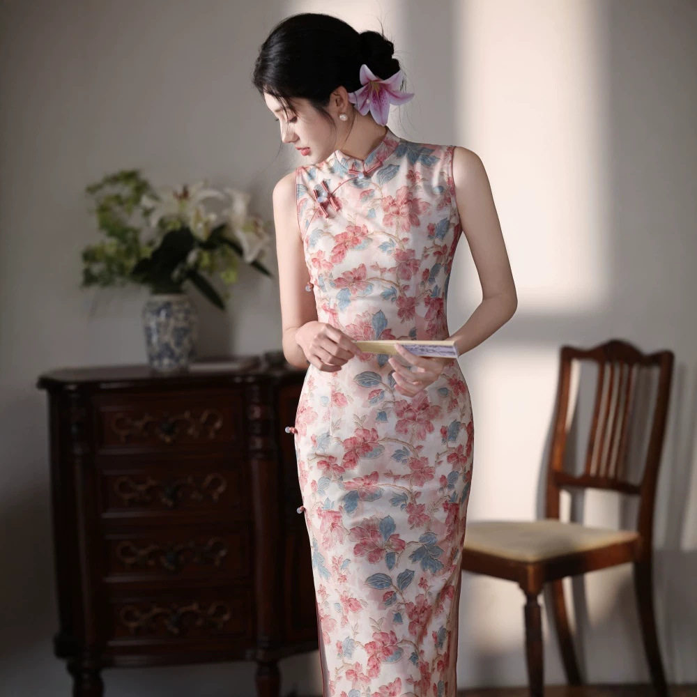 S新中式国风年轻款粉色旗袍印花2026夏绝美气质日常连衣裙 无吊牌