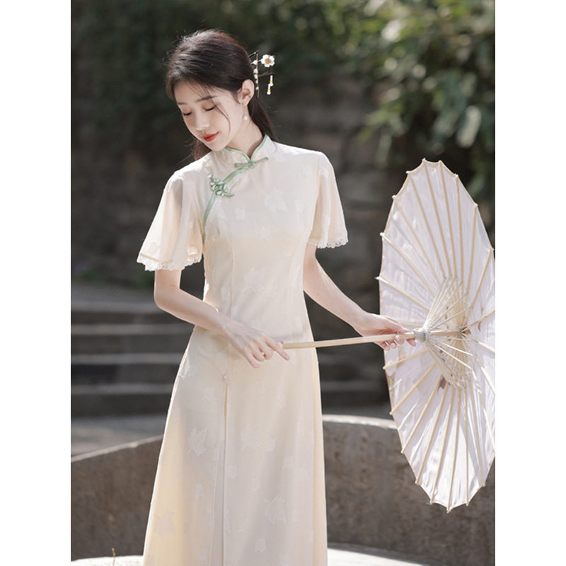 L奥黛改良旗袍女夏季新款2023年轻款气质高端倒大袖显瘦茶服