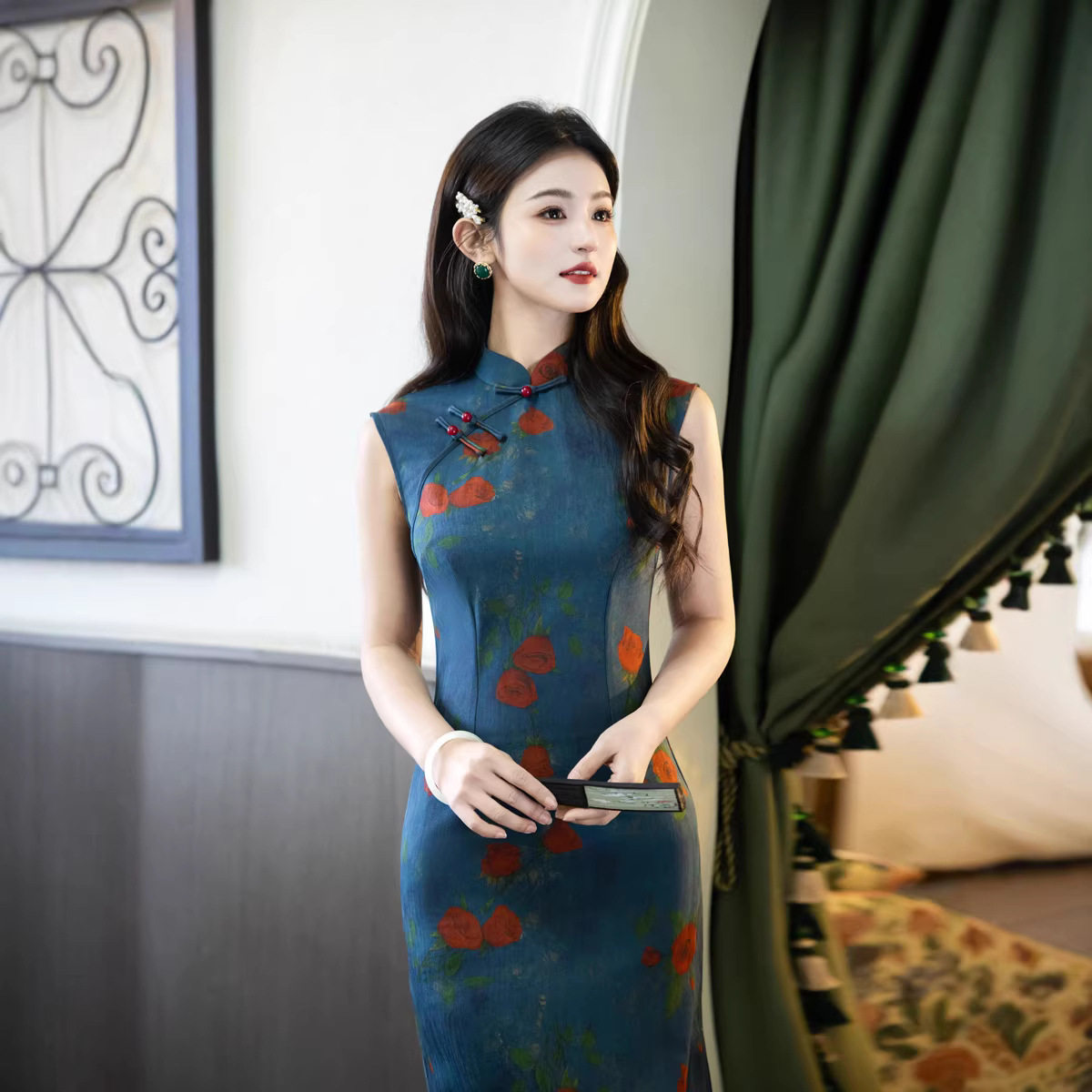 M蓝色无袖改良旗袍复古玫瑰印花民国风气质长款连衣裙日常中式