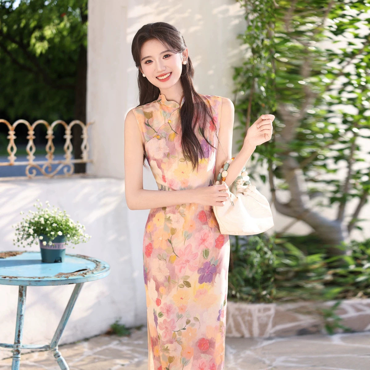 M绝美油画明艳粉色花卉花瓣领少女感新中式国风年轻款旗袍2026夏