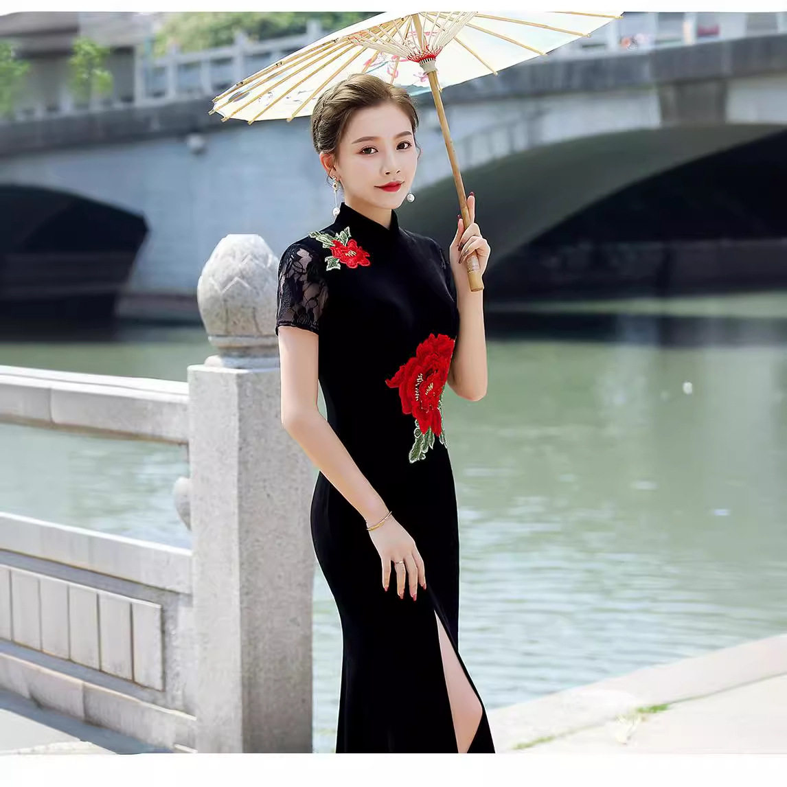 Y走秀旗袍毛老师同款黑色刺绣花鱼尾超长款改良修身演出服