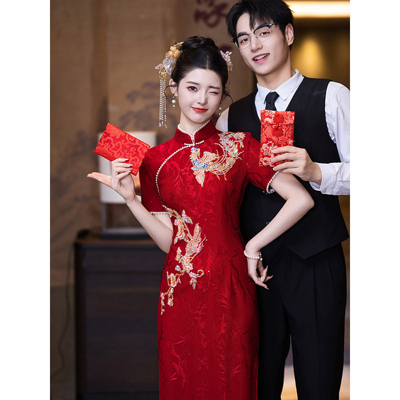 3711红色结婚旗袍敬酒服新娘中式长款回门便装订婚礼服裙夏国风