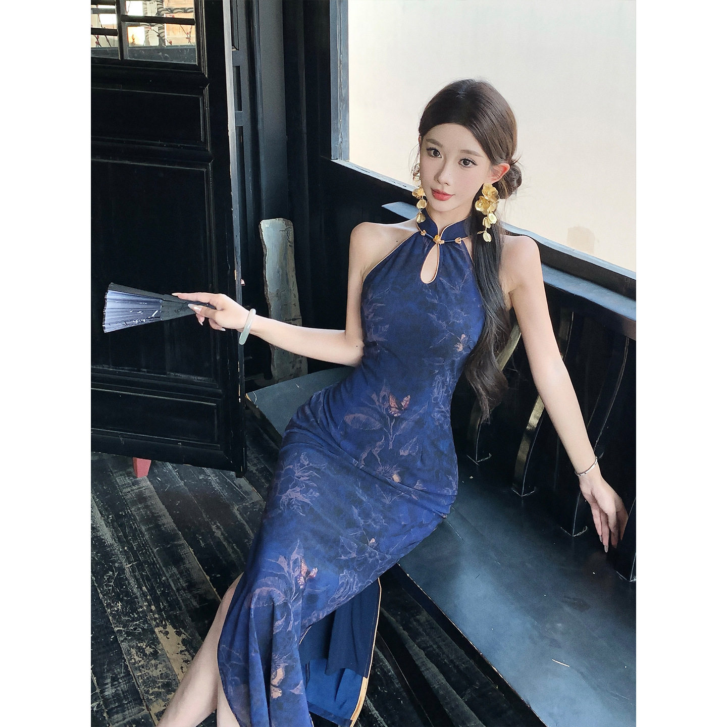 L3960蓝色女新中式连衣裙改良性感挂脖露肩修身港风改良旗袍夏季