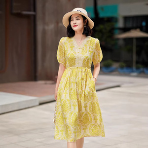 高档桑蚕丝气质腰果花印花V领蕾丝花边真丝连衣裙短袖系带显瘦夏