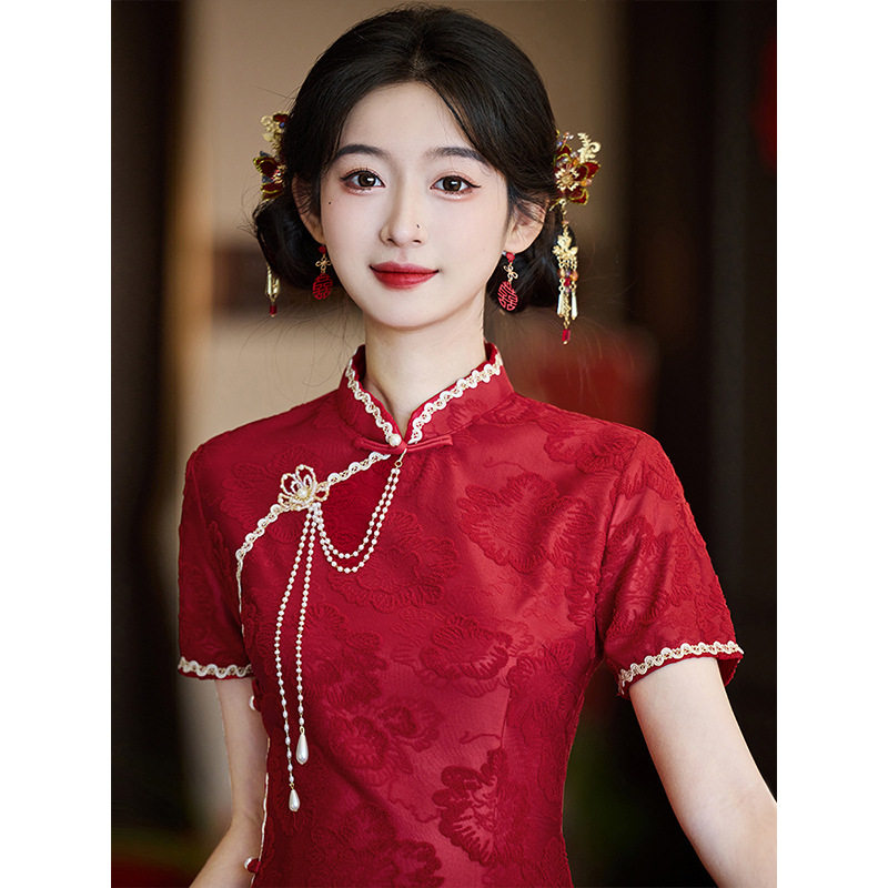 3628红色旗袍敬酒服新娘夏季新中式年轻款绝美订婚礼服连衣裙