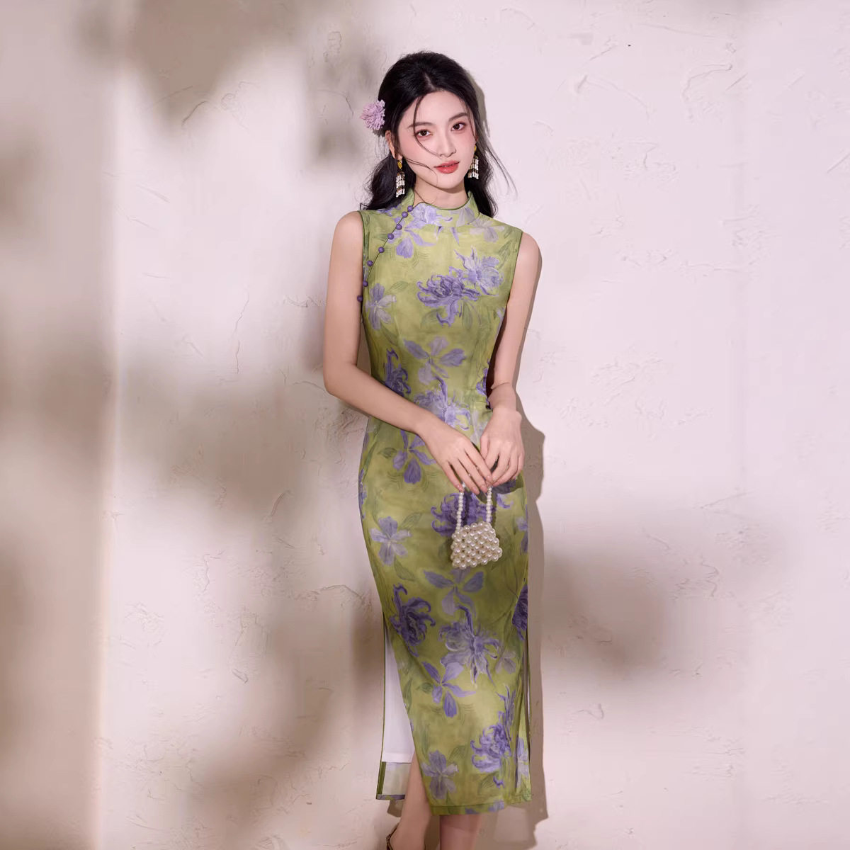 M新中式提花改良旗袍女气质复古无袖绿色旗袍连衣裙性感2026新款