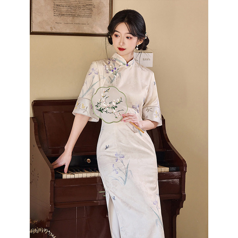 L3398鸢尾花清新中式复古改良绝美气质短袖旗袍夏季