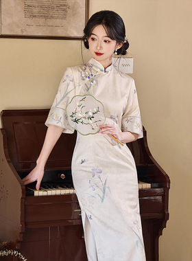 3398【香如故】鸢尾花清新中式复古改良绝美气质短袖旗袍夏季