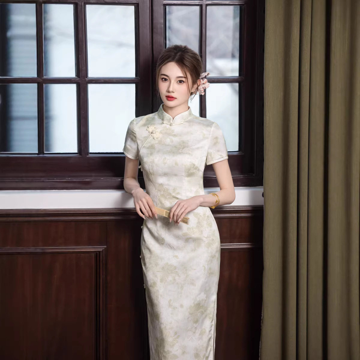 M浅绿晕染印花新中式国风年轻款绝美旗袍2026夏季日常感连衣裙