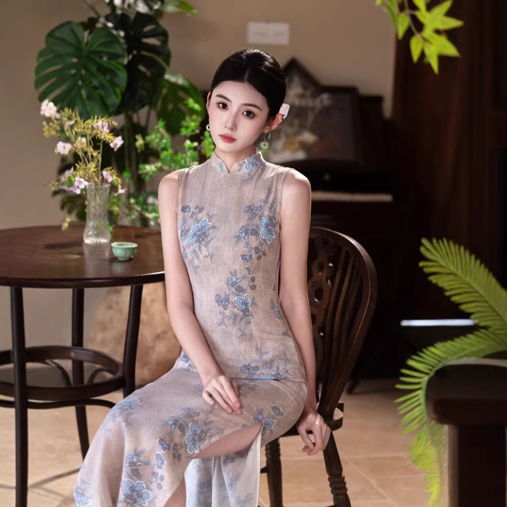 S灰色无袖旗袍女新中式夏季素雅年轻独特漂亮气质2026新款 无吊牌