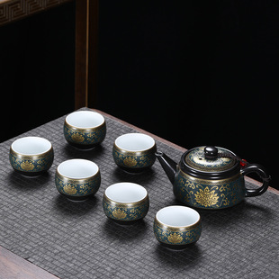 德化陶瓷功夫茶具7头黑色亚光满彩富贵满堂中式复古整套礼品套装