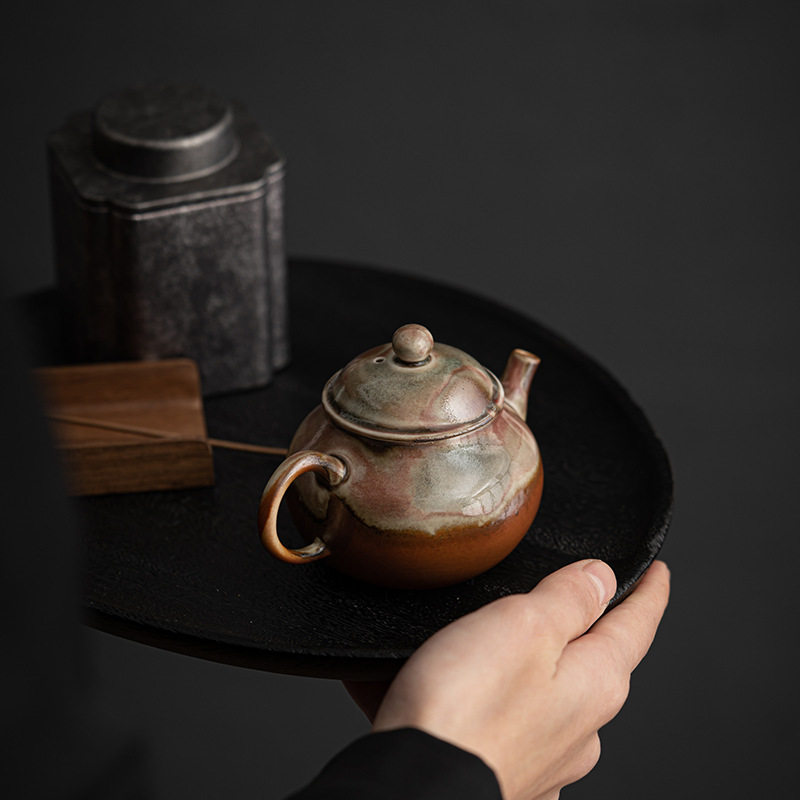 仿柴烧釉茶壶窑变复古球孔滤茶正把手执壶陶瓷单壶 断水利落