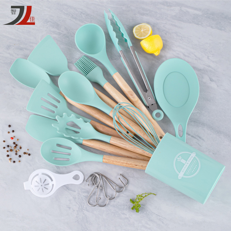 跨境硅胶锅铲厨房工具套装不粘锅木柄耐高温炒菜铲子厨具19件套