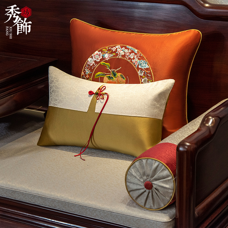 新中式红木沙发坐垫古典罗汉床座垫刺绣柿柿如意靠垫抱枕扶手定制
