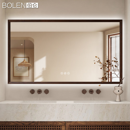 BOLEN 中古实木智能浴室镜子带框卫生间镜子壁挂墙复古卫浴化妆镜