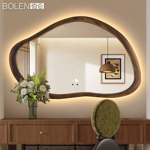 BOLEN 中古风智能浴室镜不规则卫生间镜子实木复古发光装饰镜异形