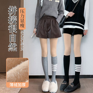 春秋薄款条纹四条杠假两件小腿拼接丝袜秋冬加绒加厚打底连裤袜女