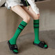 绿色小腿袜春秋薄款 外穿二杠条纹运动纯棉jk女ins潮中筒长款 袜子