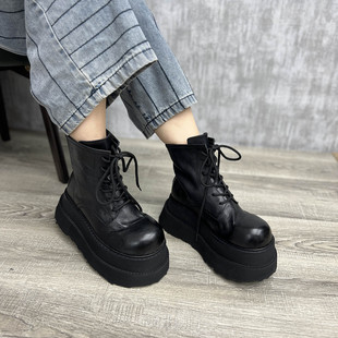 艺鞜2025秋冬新款 真皮厚底7.5cm高端松糕系带高跟马丁靴系带短靴