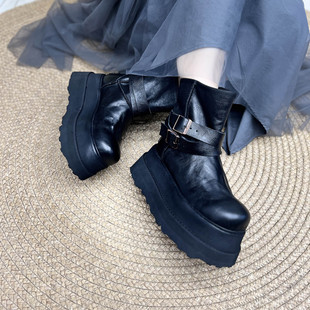 艺鞜2025秋冬新款 真皮厚底7.5cm高端松糕马丁靴高跟皮带扣骑士靴