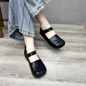 艺鞜2026春秋季 女 魔术贴单鞋 新款 复古真皮方头平跟软底平底手工鞋