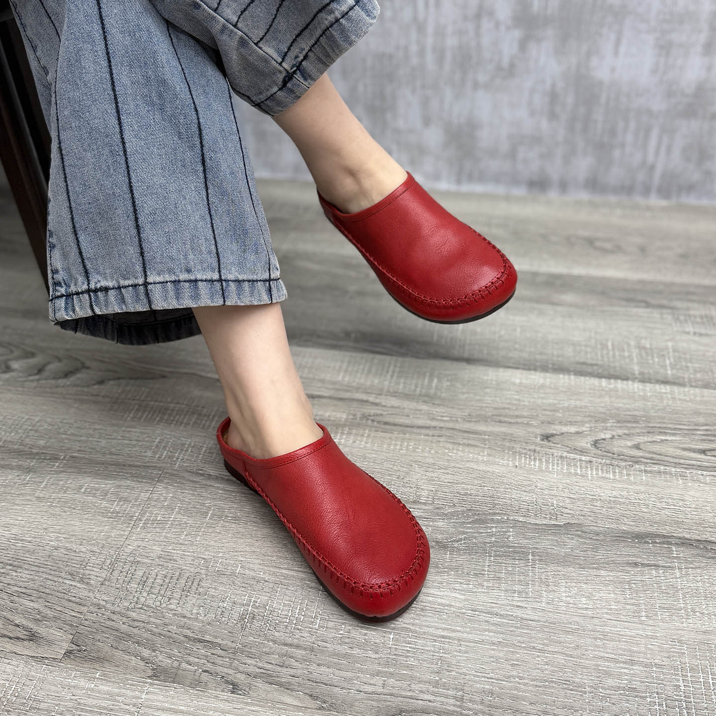 艺鞜2026年春季新款真皮平底圆头包头拖软底红色复古手工半拖鞋女,女鞋,包头拖,淘宝优惠券,粉丝福利购,淘宝优惠卷