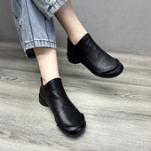 复古粗跟短靴后拉链民族风踝靴 原创手工真皮鞋 艺鞜2026年秋季 新款