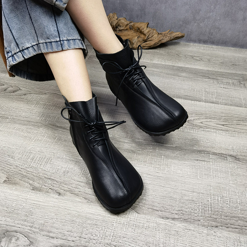 低跟软底复古风头层牛皮短靴子