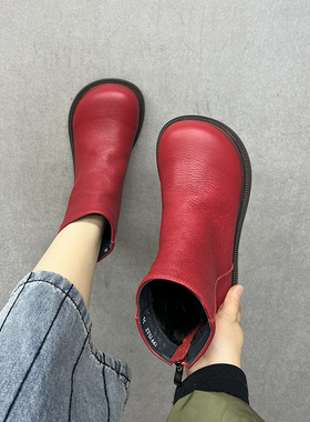 艺鞜2026年冬季新款大头真皮加绒新中式后拉链红色马丁靴保暖短靴