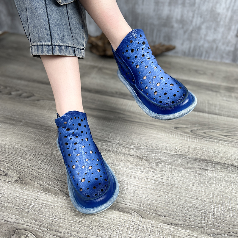 真皮圆头洞洞后拉链懒人凉靴