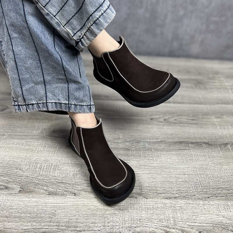 大圆头娃娃平底切尔西靴条纹短靴