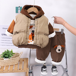 男童冬装加绒加厚连帽卫衣套装新款儿童小宝宝冬季棉服马甲三件套