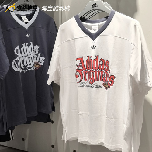 Adidas阿迪达斯三叶草新款女子V领字母印花短袖T恤 KT3062 KT3063