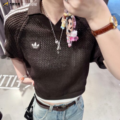 Adidas三叶草女子刺绣logo翻领高腰运动镂空短袖KE0198 KC6490